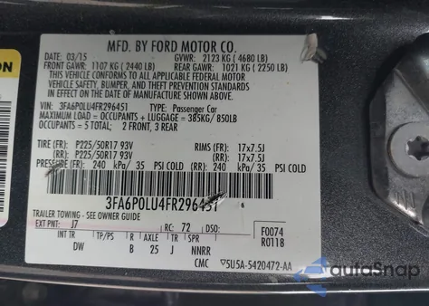 2015 Ford Fusion Hybrid Se from USA, damaged, VIN 3FA6P0LU4FR296451